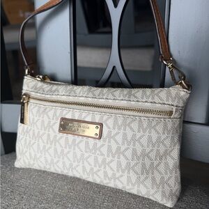 Michael Kors Cream Canvas MK Logo Wristlet with Tan Strap